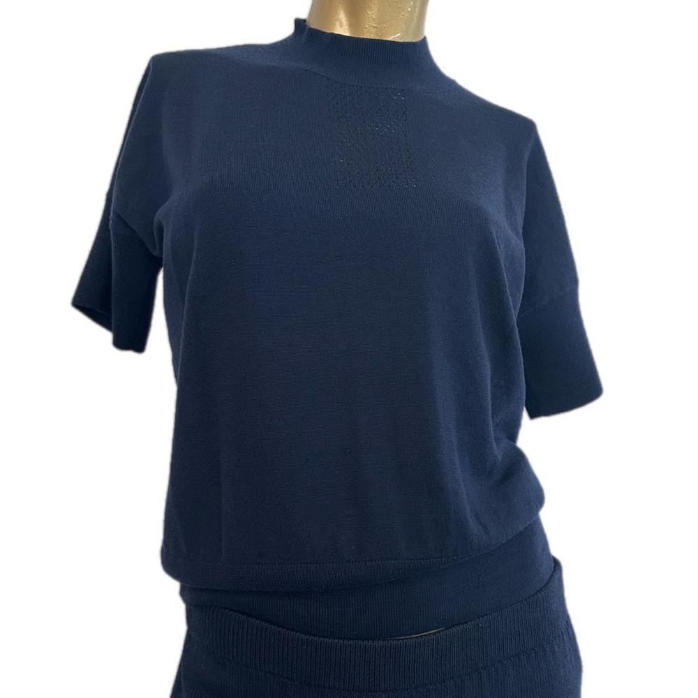 St. John Yellow label Wool Knit Top Navy Short Sleeve Mock Neck Open Knit Panel
